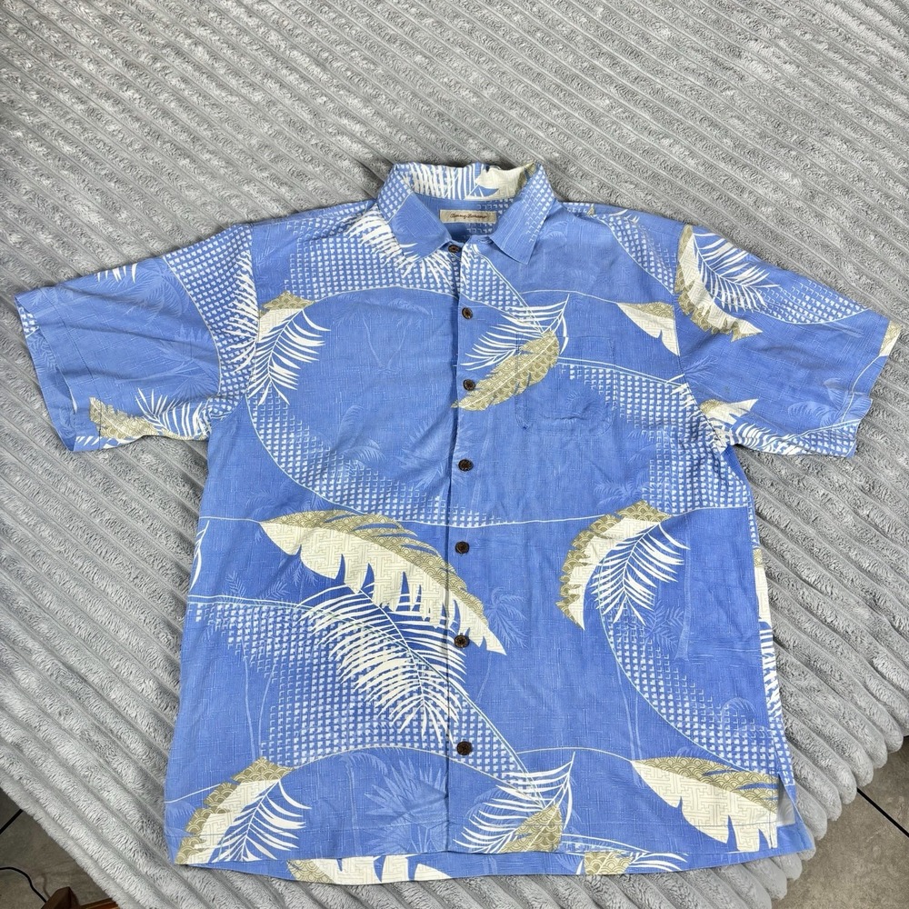 Tommy‎ Bahama Shirt Men's XL Silk Short Sleeve Hawaiian Garden Plant Blue Brown
